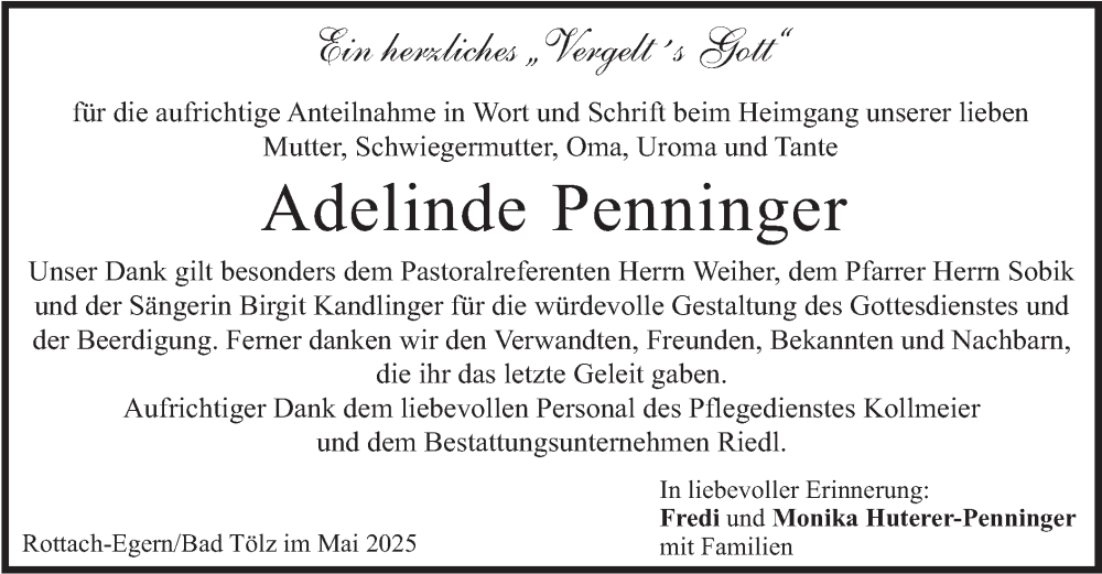  Traueranzeige für Adelinde Penninger vom 31.05.2025 aus merkurtz