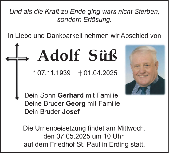 Traueranzeige von Adolf Süß von merkurtz