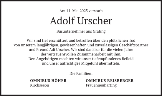 Traueranzeige von Adolf Urscher von merkurtz