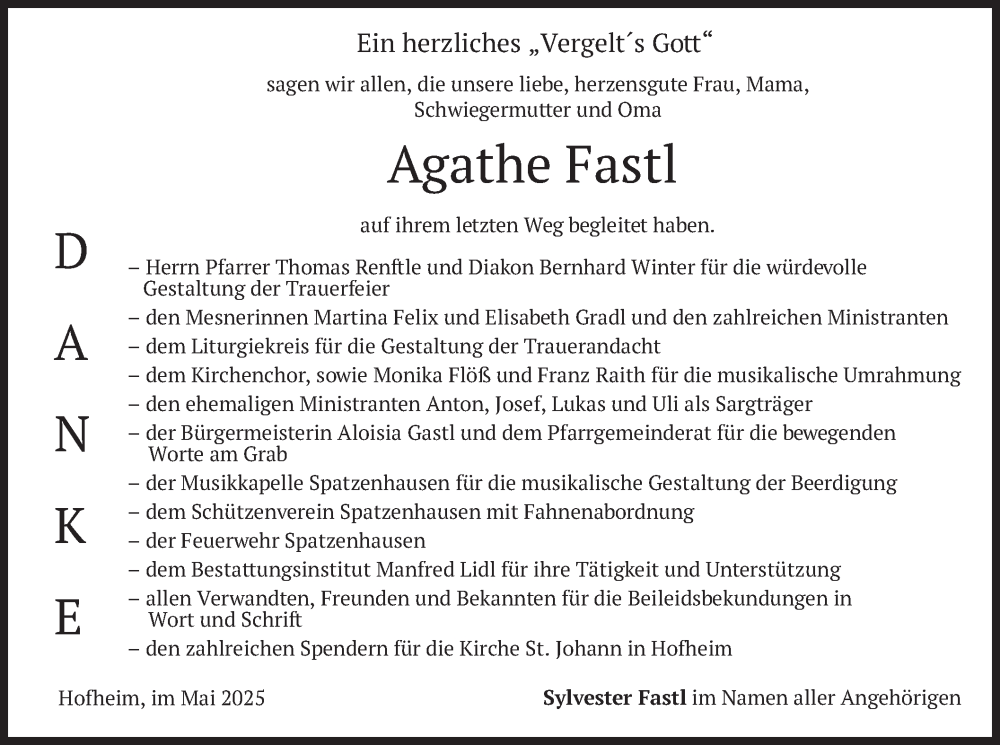  Traueranzeige für Agathe Fastl vom 24.05.2025 aus merkurtz