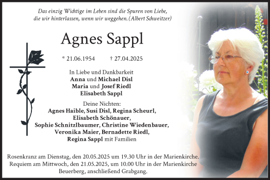 Traueranzeige von Agnes Sappl von merkurtz