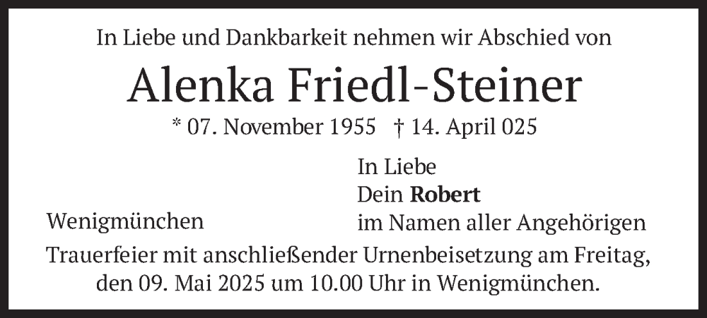  Traueranzeige für Alenka Friedl-Steiner vom 03.05.2025 aus merkurtz