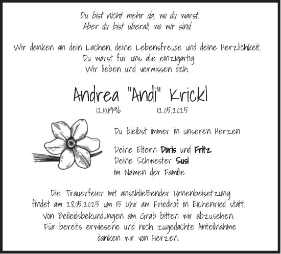Traueranzeige von Andrea Krickl von merkurtz