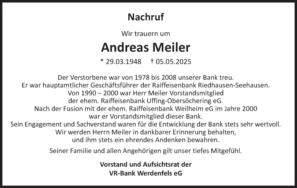  Traueranzeige für Andreas Meiler vom 17.05.2025 aus merkurtz