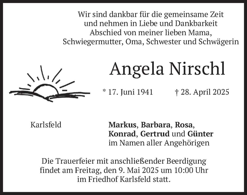  Traueranzeige für Angela Nirschl vom 03.05.2025 aus merkurtz