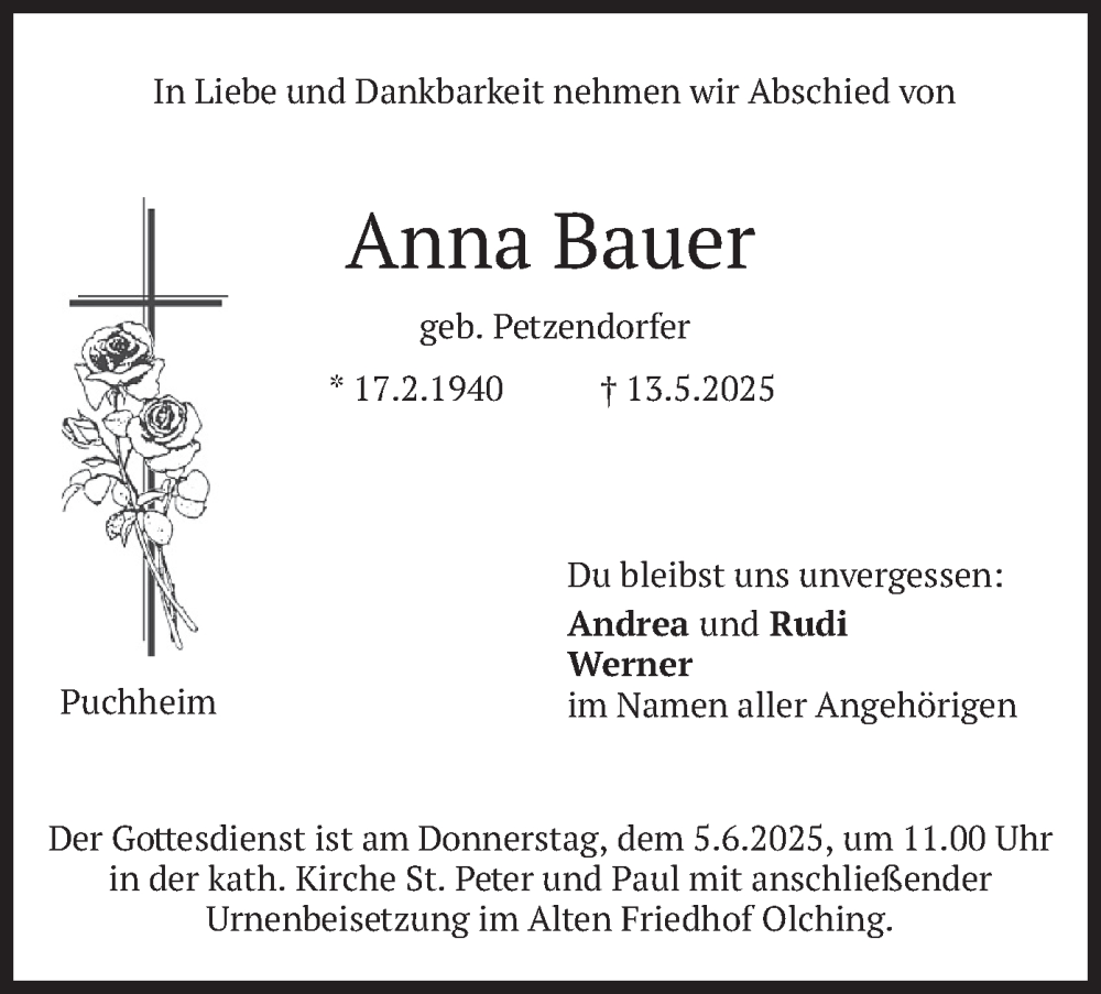  Traueranzeige für Anna Bauer vom 31.05.2025 aus merkurtz