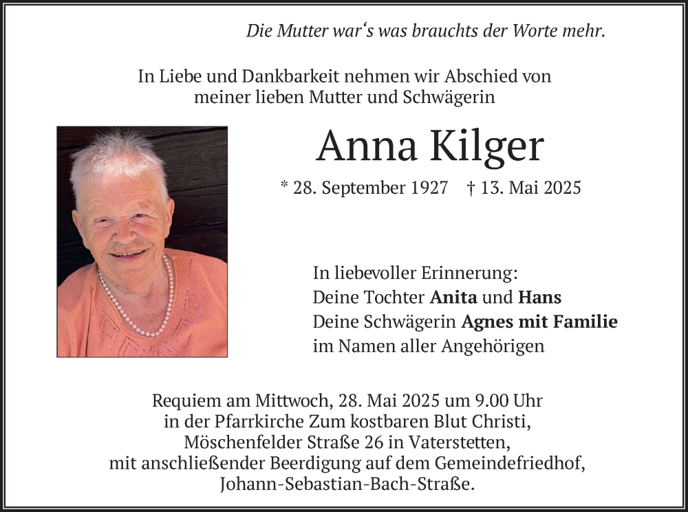  Traueranzeige für Anna Kilger vom 24.05.2025 aus merkurtz