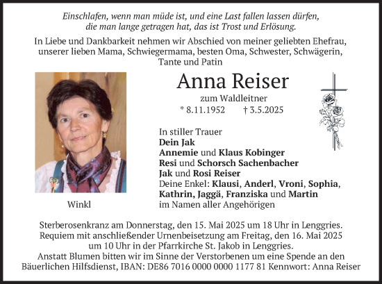 Traueranzeige von Anna Reiser von merkurtz