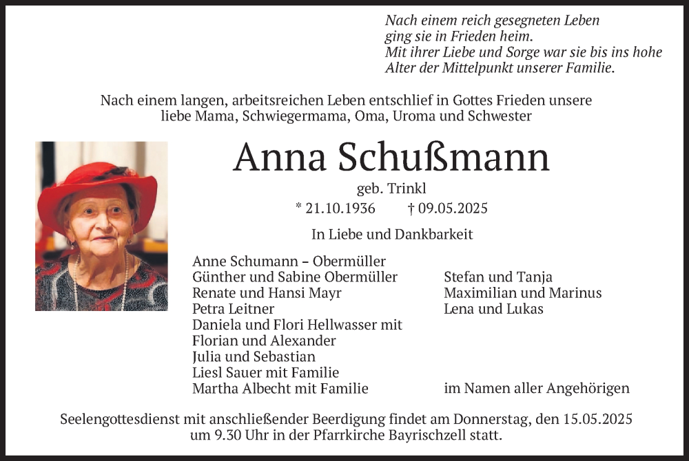  Traueranzeige für Anna Schußmann vom 13.05.2025 aus merkurtz
