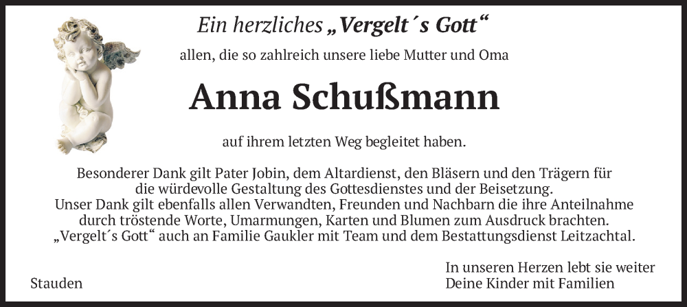  Traueranzeige für Anna Schußmann vom 24.05.2025 aus merkurtz