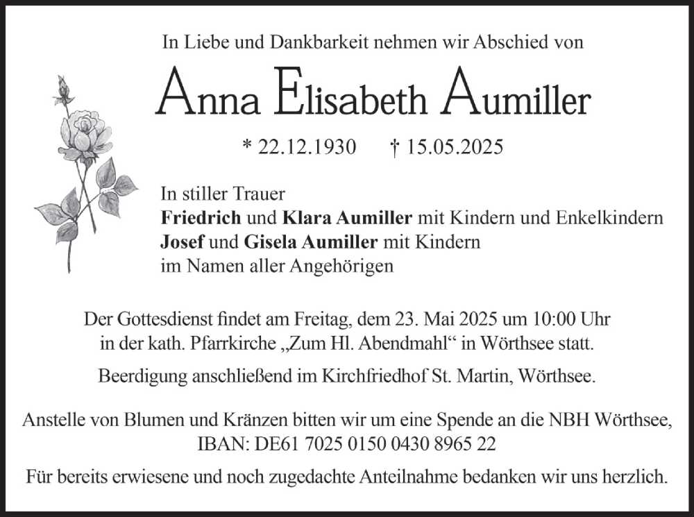  Traueranzeige für Anna Elisabeth Aumiller vom 21.05.2025 aus merkurtz