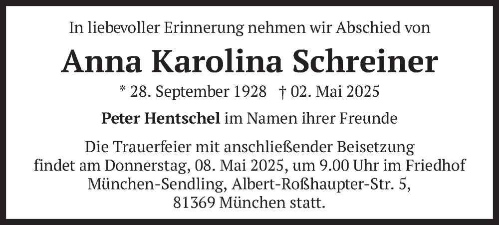 Traueranzeige für Anna Karolina Schreiner vom 07.05.2025 aus merkurtz
