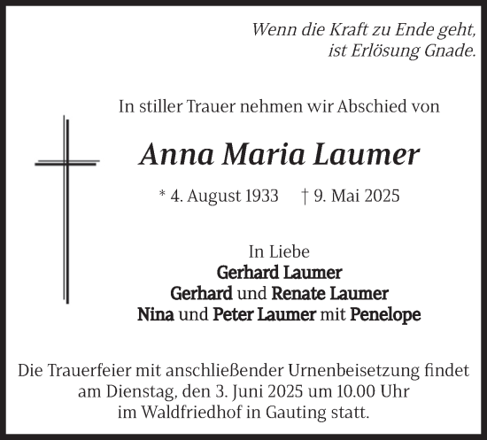 Traueranzeige von Anna Maria Laumer von merkurtz