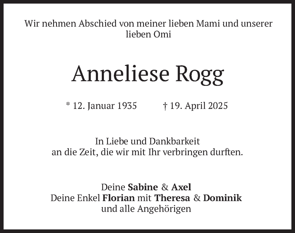  Traueranzeige für Anneliese Rogg vom 10.05.2025 aus merkurtz