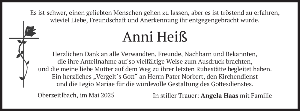  Traueranzeige für Anni Heiß vom 10.05.2025 aus merkurtz