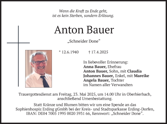 Traueranzeige von Anton Bauer von merkurtz