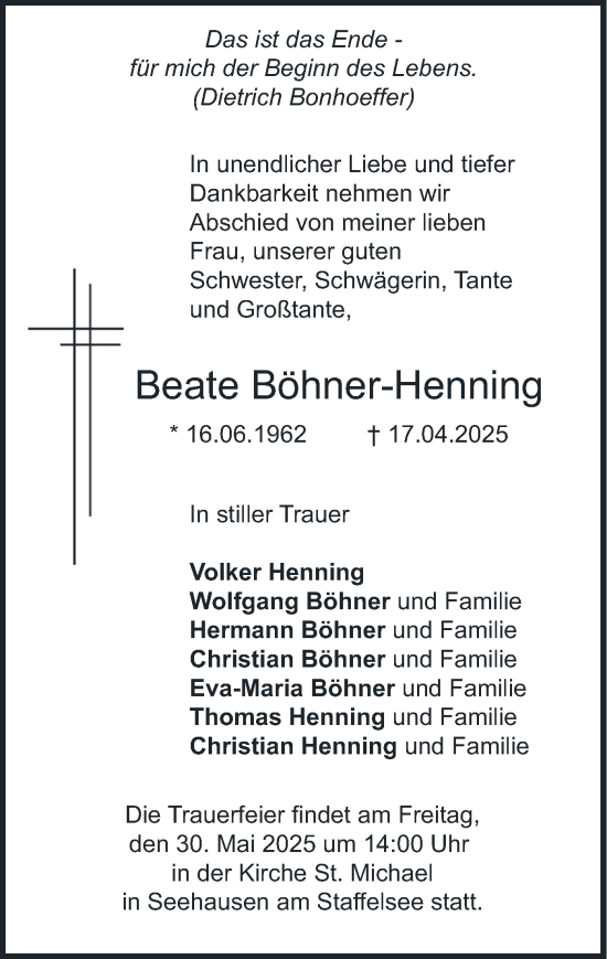 Traueranzeige von Beate Böhner-Henning von merkurtz