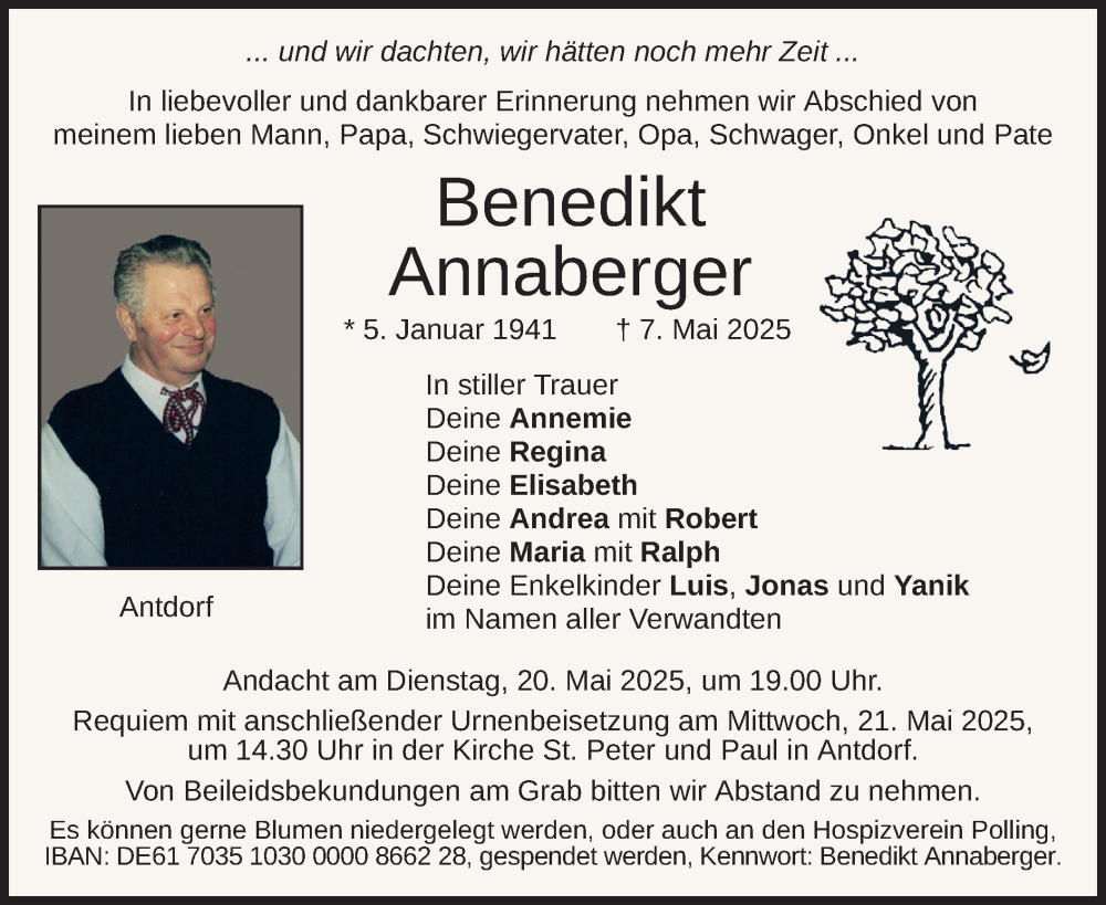  Traueranzeige für Benedikt Annaberger vom 16.05.2025 aus merkurtz