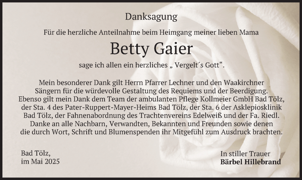  Traueranzeige für Betty Gaier vom 31.05.2025 aus merkurtz