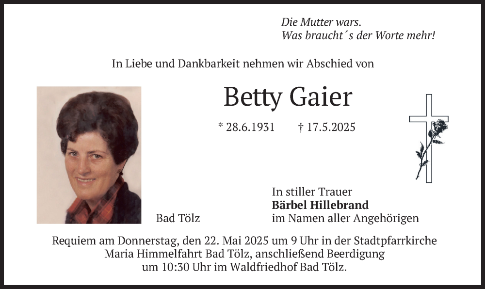  Traueranzeige für Betty Gaier vom 20.05.2025 aus merkurtz