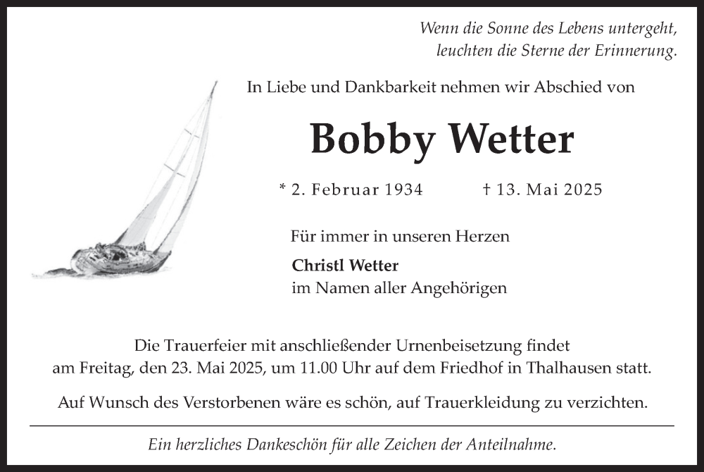  Traueranzeige für Bobby Wetter vom 20.05.2025 aus merkurtz