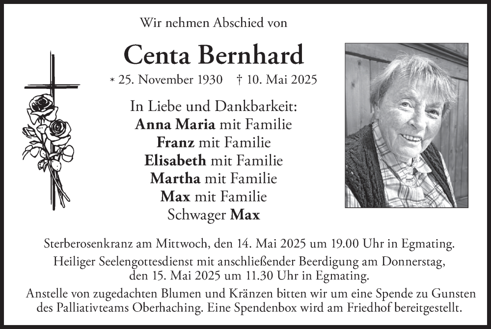  Traueranzeige für Centa Bernhard vom 13.05.2025 aus merkurtz