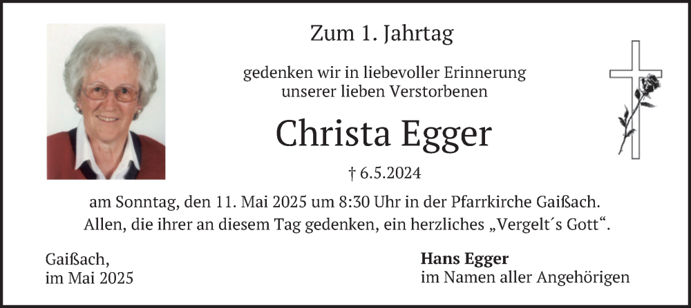  Traueranzeige für Christa Egger vom 08.05.2025 aus merkurtz