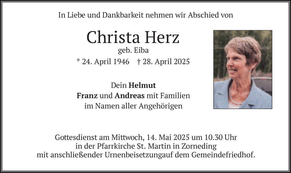  Traueranzeige für Christa Herz vom 03.05.2025 aus merkurtz