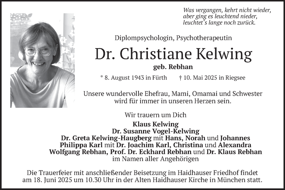  Traueranzeige für Christiane Kelwing vom 31.05.2025 aus merkurtz