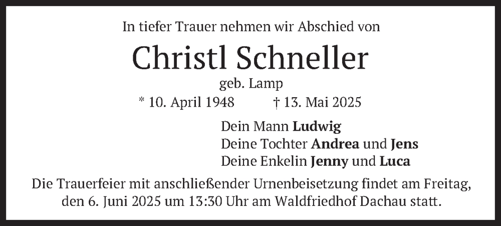  Traueranzeige für Christl Schneller vom 17.05.2025 aus merkurtz