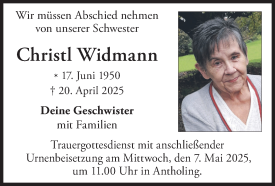 Traueranzeige von Christl Widmann von merkurtz