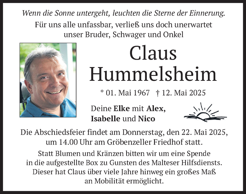  Traueranzeige für Claus Hummelsheim vom 17.05.2025 aus merkurtz