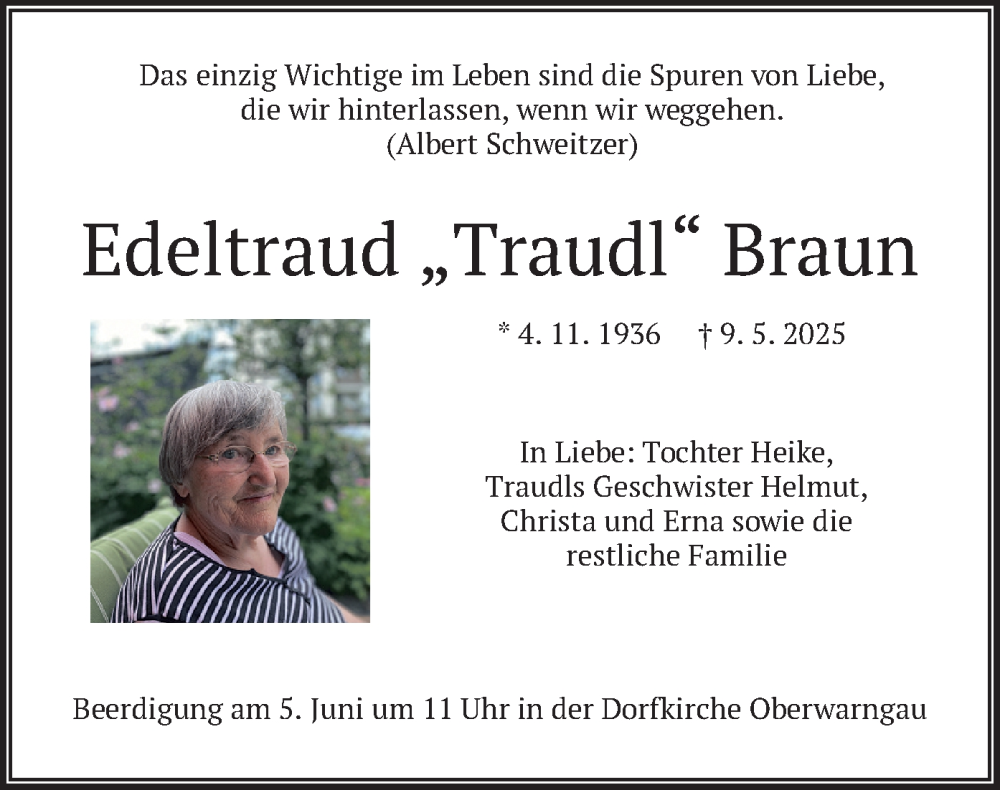  Traueranzeige für Edeltraud Braun vom 31.05.2025 aus merkurtz