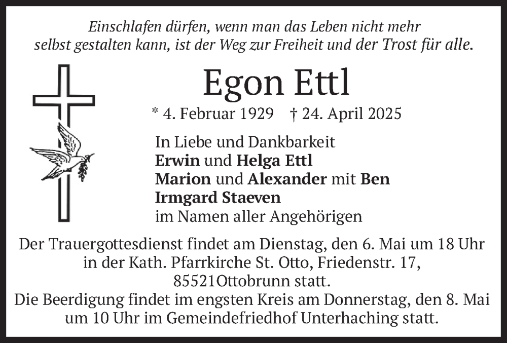  Traueranzeige für Egon Ettl vom 03.05.2025 aus merkurtz