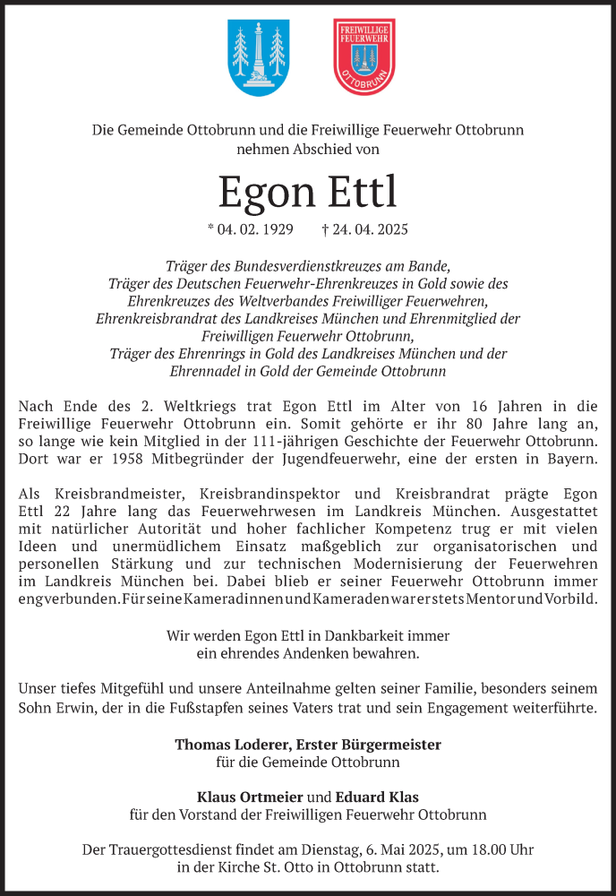  Traueranzeige für Egon Ettl vom 03.05.2025 aus merkurtz