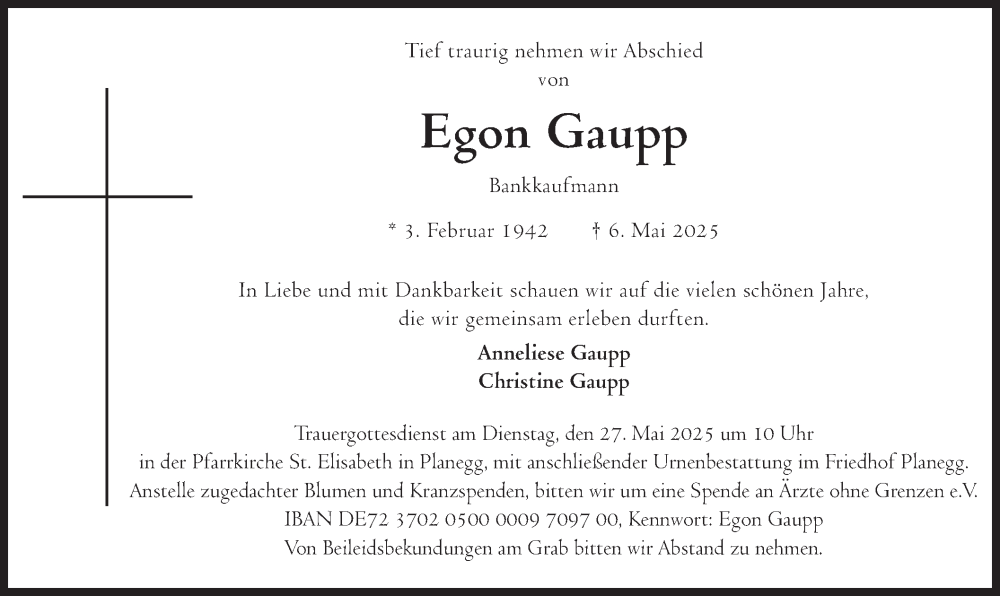  Traueranzeige für Egon Gaupp vom 17.05.2025 aus merkurtz