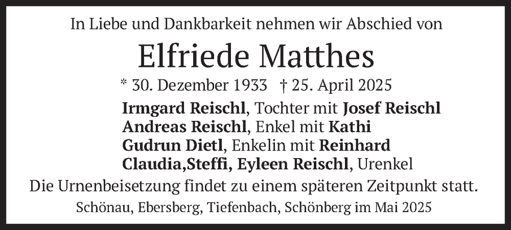  Traueranzeige für Elfriede Matthes vom 14.05.2025 aus merkurtz