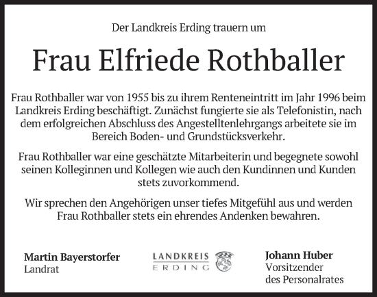 Traueranzeige von Elfriede Rothballer von merkurtz