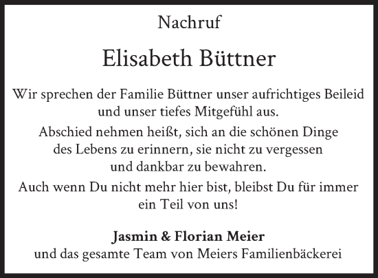 Traueranzeige von Elisabeth Büttner von merkurtz