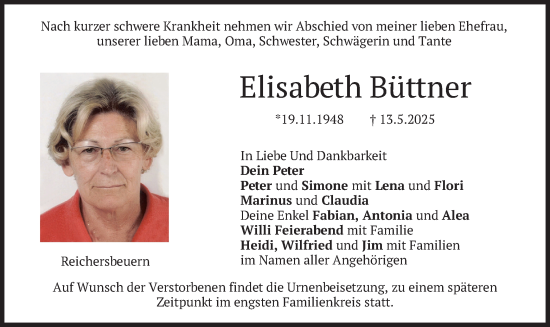 Traueranzeige von Elisabeth Büttner von merkurtz