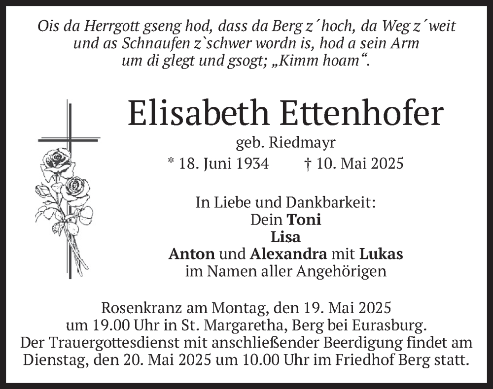  Traueranzeige für Elisabeth Ettenhofer vom 17.05.2025 aus merkurtz