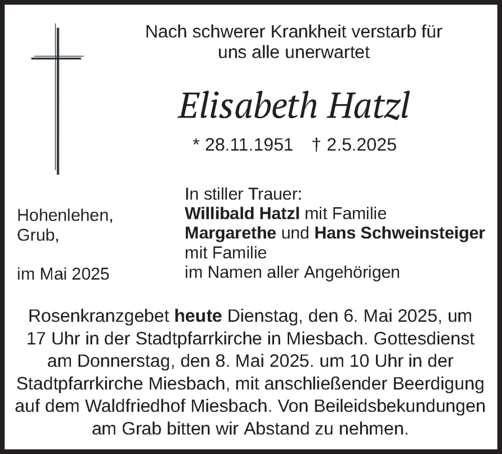  Traueranzeige für Elisabeth Hatzl vom 06.05.2025 aus merkurtz