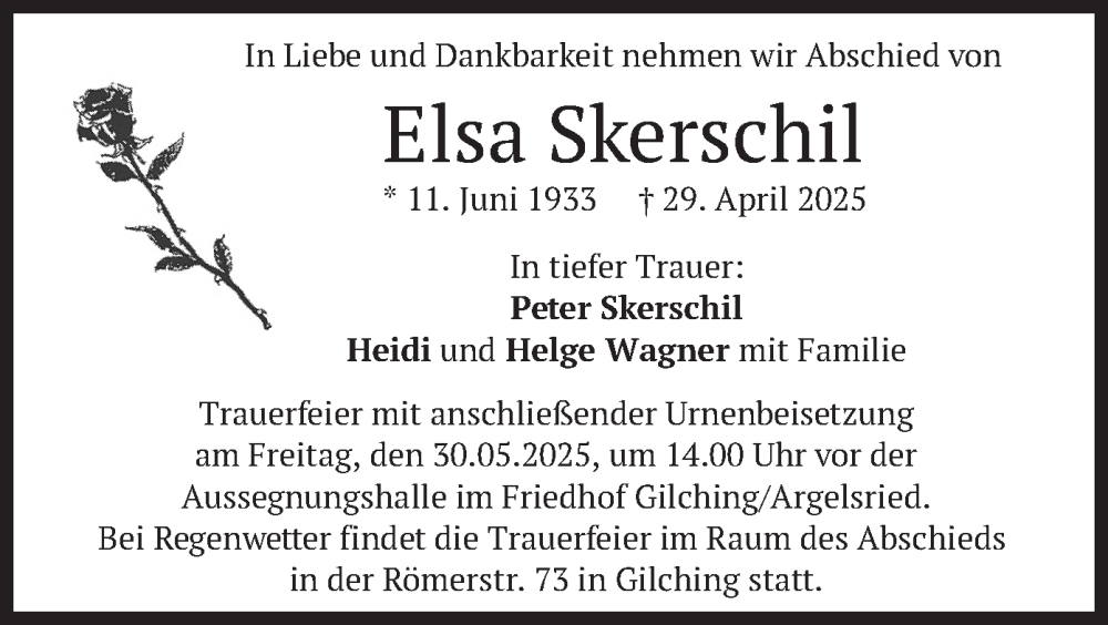  Traueranzeige für Elsa Skerschil vom 24.05.2025 aus merkurtz