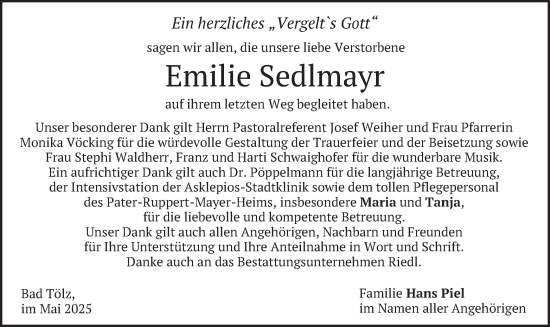 Traueranzeige von Emilie Sedlmayr von merkurtz