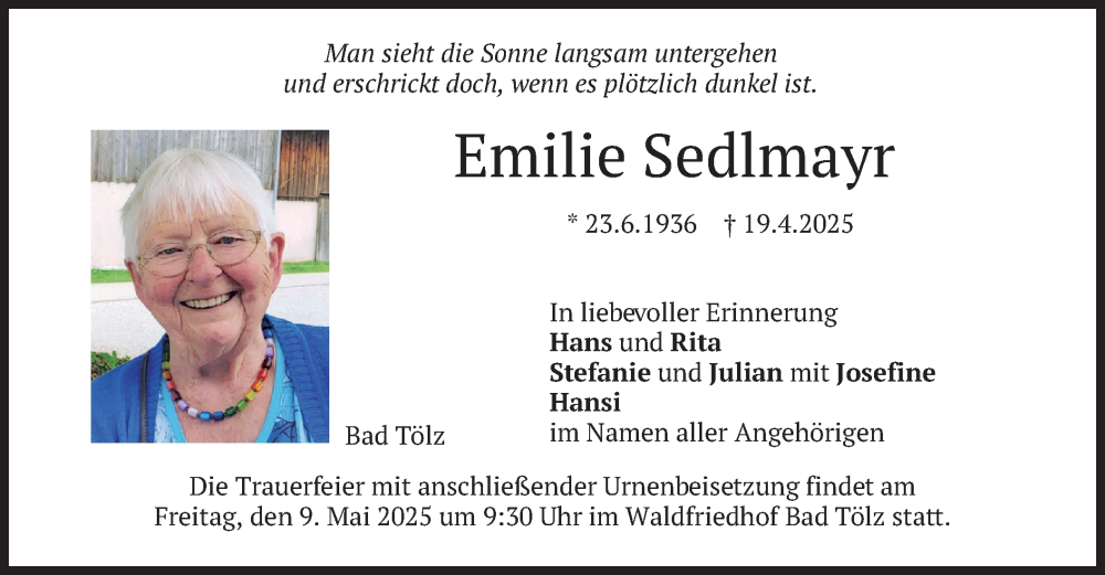  Traueranzeige für Emilie Sedlmayr vom 03.05.2025 aus merkurtz