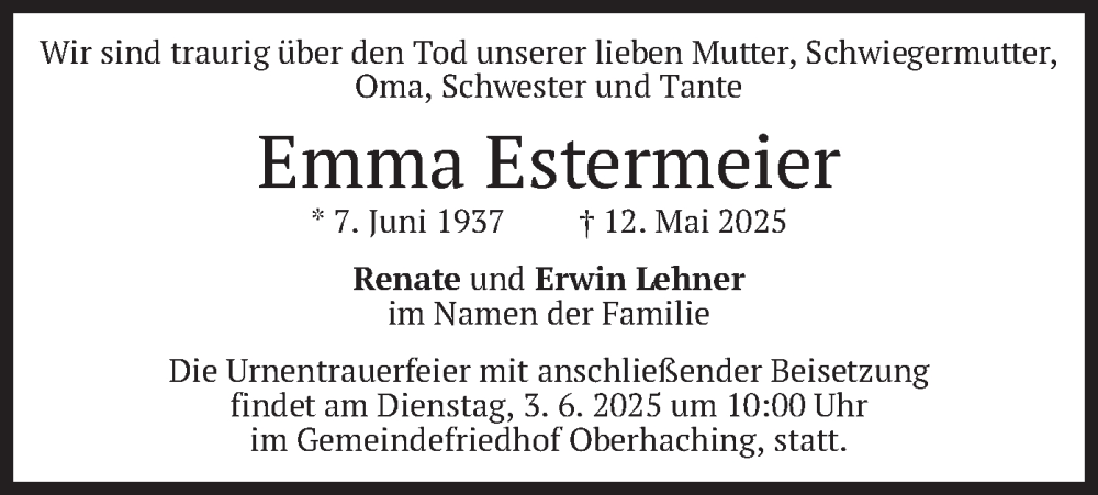  Traueranzeige für Emma Estermeier vom 31.05.2025 aus merkurtz