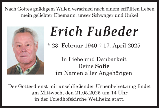 Traueranzeige von Erich Fußeder von merkurtz
