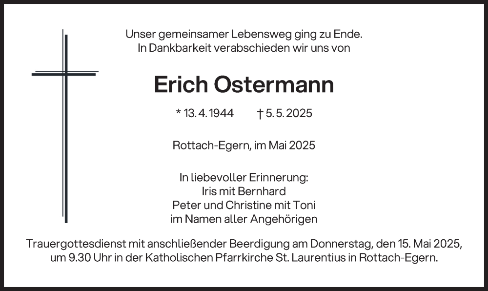  Traueranzeige für Erich Ostermann vom 10.05.2025 aus merkurtz