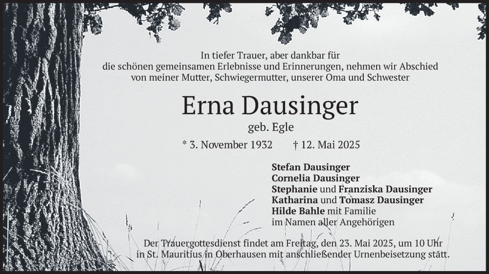  Traueranzeige für Erna Dausinger vom 20.05.2025 aus merkurtz