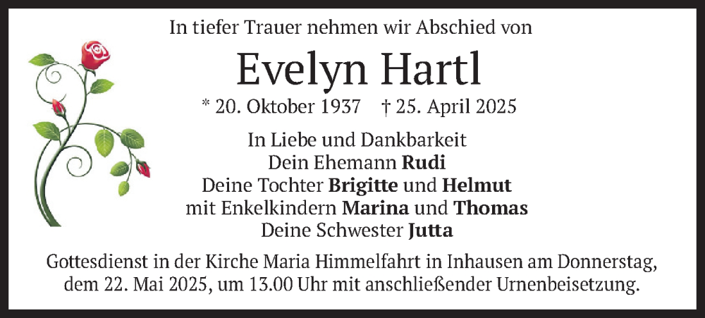 Traueranzeige für Evelyn Hartl vom 17.05.2025 aus merkurtz